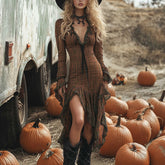 Women's Solid Color Plaid Long Sleeve Deep V-Neck Ruffle Trim Dress Spring Summer Asymmetric Hem Vintage Style Midi Dress