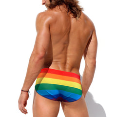 Rainbow Striped Swimming Trunks Men's Fashion Sexy Stretch Briefs