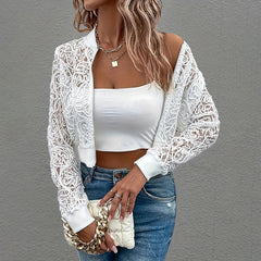 Women's Elegant Lace Short Zip-Up Long Sleeve Jacket For Formal & Everyday Outfits Spring Fall Top