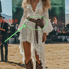 Women's Solid Color Deep V-Neck Long Sleeve Lace Dress - Bohemian Style Summer Dress With Irregular Hem