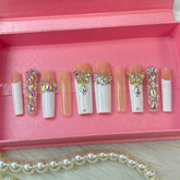 GGDDSHA Nails Press On Nails Medium Fake Nails FalseNails With 3D Flower Designs Nail Press Ons French TipHandmade Acrylic Artificial Nails Summer Natural Stick OnNails For WomenOpal Whisper