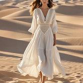Women's Solid Color Deep V-Neck Long Sleeve Translucent Stitching Design Maxi Beach Bohemian Style Dress