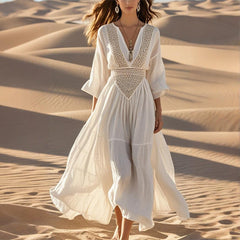 Women's Solid Color Deep V-Neck Long Sleeve Translucent Stitching Design Maxi Beach Bohemian Style Dress
