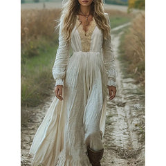 Women's Elegant Floral Lace Maxi Dress Bohemian V-Neck Long Sleeve Flowy Wedding Guest Dress