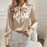 Women's Solid Color Satin Long Sleeve Casual Shirt With Bow Decor Blouse Spring Fall Daily Wear Top