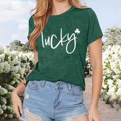 Women's 'LUCKY' Letter Print T-Shirt - Casual Crew Neck Short Sleeve Tee, Soft Summer Top