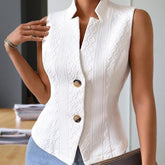 Women's Elegant Solid Color Stand Collar Sleeveless Vest - Ribbed & Button Detail Summer Casual Outerwear