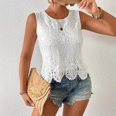 Womens Floral Lace Tank Top Sleeveless Blouse Crew Neck Hollow Out Summer Casual Shirt