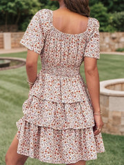 2025 Women's New Floral Summer Short Dress Square Neck Short Sleeve Layered Folded Bohemian Pendant Skirt