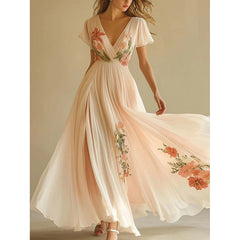 Women's Floral Print V Neck Pleated Chiffon Dress Flutter Short Sleeve Maxi Flowy Beach Wedding Guest Dresses
