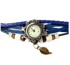 Beautiful Bohemian Style Retro Handmade Leather Tree Leaf Women's Watches Blue