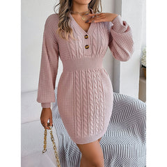 Women's Cable Knit Sweater Dress - V-Neck Button Front Lantern Sleeve Bodycon Mini Dress With Elastic Waist For Fall
