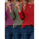 Women's 3 Pack Ribbed Knit Long Sleeve Shirts, Crew Neck Casual Stretch Tees, Basic Comfortable Tops