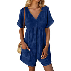 Womens Summer Romper Casual Short Sleeve V Neck Short Jumpsuits With Pockets