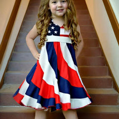 Toddler Girls' Independence Day Dress Red White & Blue Stripes And Stars Short Sleeve Twirl Dress 4th Of July