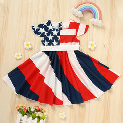 Toddler Girls' Independence Day Dress Red White & Blue Stripes And Stars Short Sleeve Twirl Dress 4th Of July