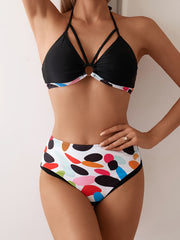 Women's Bikini Set, Sexy Round Ring Neck Tie, Random Print Swimsuit, Vacation Style