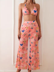 Women's Fashionable Bikini Set With Sexy Pink Butterfly Print And Lace Straps. Beach Style.