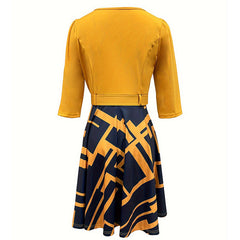 Women's Geometric Print A-Line Midi Dress Semi-Zip Neck Long Sleeve Dress With Belt Spring Summer Fashion Dress