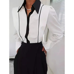Women's Black & White Colorblock Button Down Shirt, Elegant Long Sleeve Collared Blouse, Office Work Tops