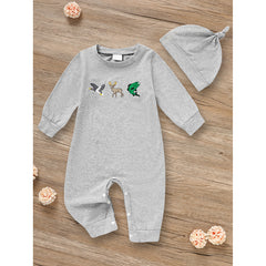 Newborn Baby Boy Outfits Long Sleeve Animal Print Romper & Hat 2Pcs Fall Winter Clothes Set