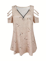 Self-pick-up Plus Size Women'S Casual Heart Print Zipper Short Sleeve Off Shoulder T-Shirt Only Self-pickup Is Supported