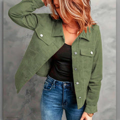 Women's Corduroy Long Sleeve Jacket - Casual Button-Up Coat With Flap Pockets