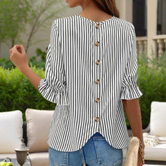 Women's Solid Color Casual Back Button Shirt - Round Neck Striped Summer Top, Breathable Blouse For Relaxed Wear