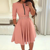 Women's Round Neck Zip Front Midi Dress With Belt - A-Line Shift Dress With Pockets & Draped Detail For Spring&Summer