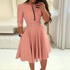 Women's Round Neck Zip Front Midi Dress With Belt - A-Line Shift Dress With Pockets & Draped Detail For Spring&Summer