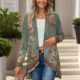 Women's Botanical Print Long Sleeve Cardigan - Asymmetrical Hem Open Front Casual Top