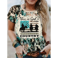 Women's Western Cowboy Print T-Shirt - Loose Fit Crew Neck Short Sleeve Tee, Color Block Design, Breathable Summer Top
