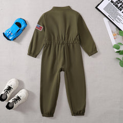 Toddler Boys Pilot Jumpsuit Army Green Long Sleeve Romper, Perfect For Birthday Party Outfits