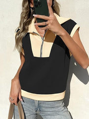 Fisoew Womens Half Zip Sweatshirts Short Sleeve Color Block Lapel V Neck Loose Summer Pullover Tops