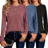 Women's 3 Pack Ribbed Knit Long Sleeve T-Shirt, Slim Fit Crewneck Top, Casual Basic Tee