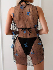 European And American Style Bikini Set, Three-piece, Black, Butterfly Lace, Vacation Style