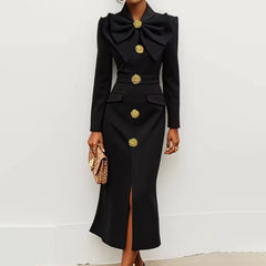 Women's Solid Color Long Sleeve Bodycon Elegant Button Midi Dress With Slit Spring Fall Fashion Bow Accent Dress