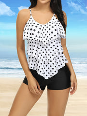 Women's Polka Dot Print, Ruffled Tankini Set, Square Pants, Two-piece Set, Holiday Style
