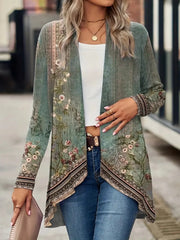 Spring And Autumn New Women's Top Printed Cardigan Casual Long Sleeve Light Jacket Green