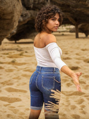 2025 New Five Quarter Ripped Jeans, Slim Fit Fabric, Blend, Street Style, Suitable For Occasions Such As Dates And Shopping