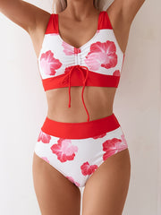 Women's Flower Print Bikini Set Chest Drawstring Stitched Bikini Holiday Style