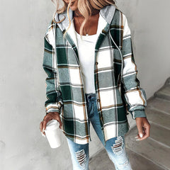 Women's Plaid Hoodie Long Sleeve Jacket Button Drawstring Casual Fall Shirts Shacket With Pocket