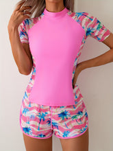 Women's Skill Swimsuit Set, Half-sleeved Boxers, Tropical Print, Two-piece Set, Sports Style