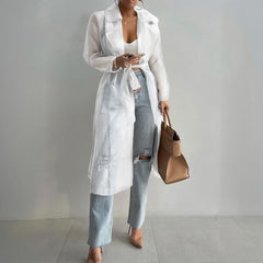 Women's Solid Color Half Sheer Long Sleeve Cardigan With Buttons & Belt - Lightweight Cover-Up For Summer