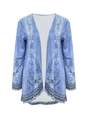 Spring And Autumn New Women's Top Printed Cardigan Casual Long Sleeve Light Jacket Blue