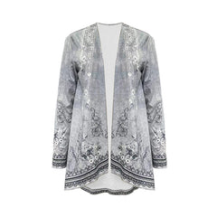 Women's Botanical Print Long Sleeve Cardigan - Asymmetrical Hem Open Front Casual Top