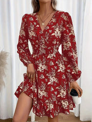 Spring And Summer V-neck Printed Floral Long-sleeve Dress With A Cinched Waist, Elegant Women's Wear.