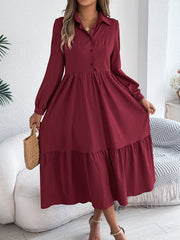 Autumn And Winter Collar Casual Loose Long Sleeve Ruffled Shirt Dress