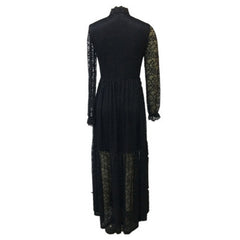 Women's Black Stand Collar Long Sleeve Dress With Button Front & Lace Detail - Flowy Spring Summer Maxi Dress