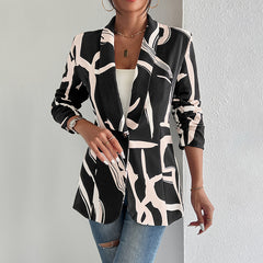 Women's Abstract Print Blazer Button Front Lapel Long Sleeve Office Blazer Elegant Work Jacket For Women